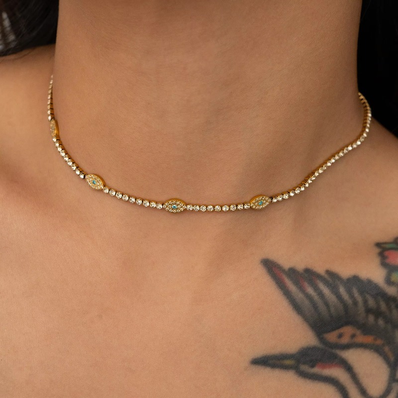 Jewellery High Quality 18K Gold Plated Lucky Eye Tennis Necklace Bracelet Collection Stainless Steel Unisex Jewelry Gift for All Occasions Textured Ed