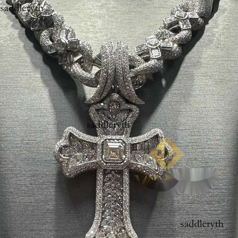 Designer Jewelry S Sier Mosonite Necklace Cross Pendant Cuban Link Chain with Seconds Over Tester Iced Out Vvs Moissanite Dia