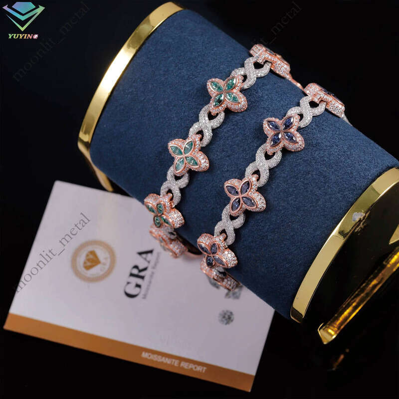Hip Hop 18k Gold Plated S925 Sterling Silver Clover Pink Green Blue VVS Moissanite Cuban Sandstone Bracelet with GRA Certificate