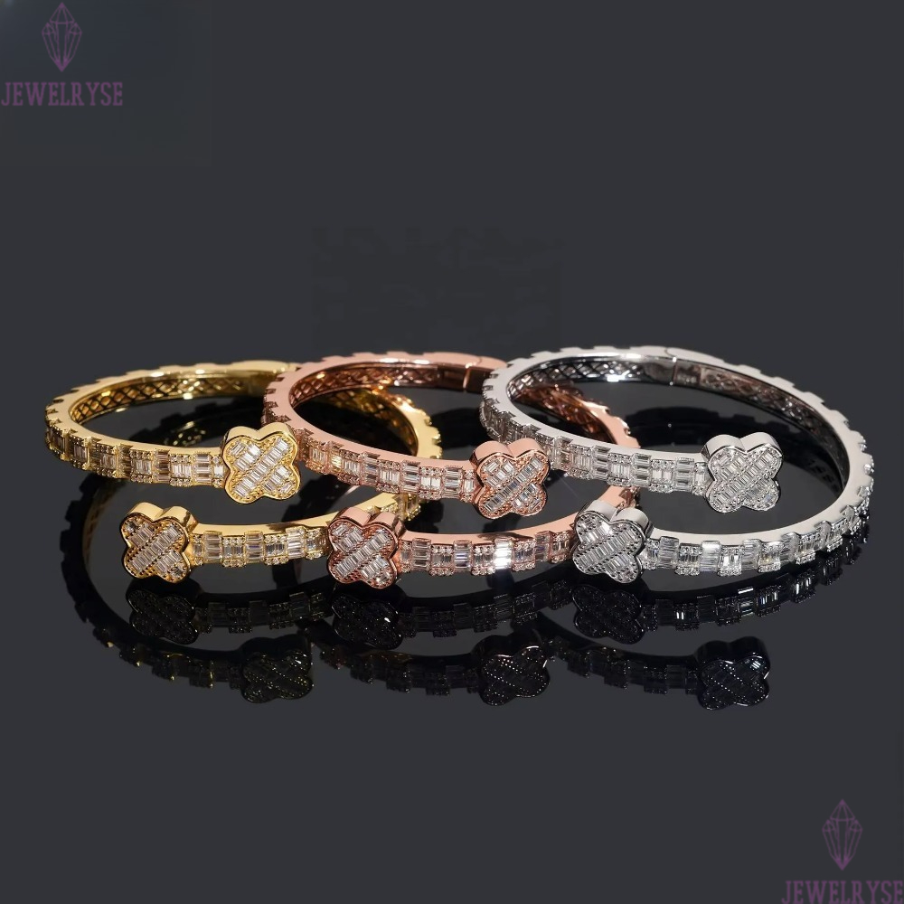 Men's Hip Hop Iced Out Bracelet - Sterling Silver Good Luck Clover Bangle with Moissanite