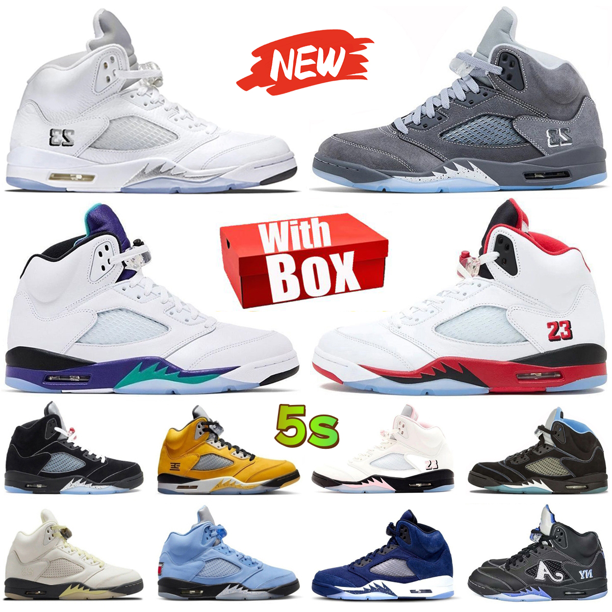 With Box j5 Jump mans 5 5s basketball shoes White Metallic Wolf Grey Fire Red Black Tongue 35th Anniversary Grape Black University Blue Men Women trainers Sneakers