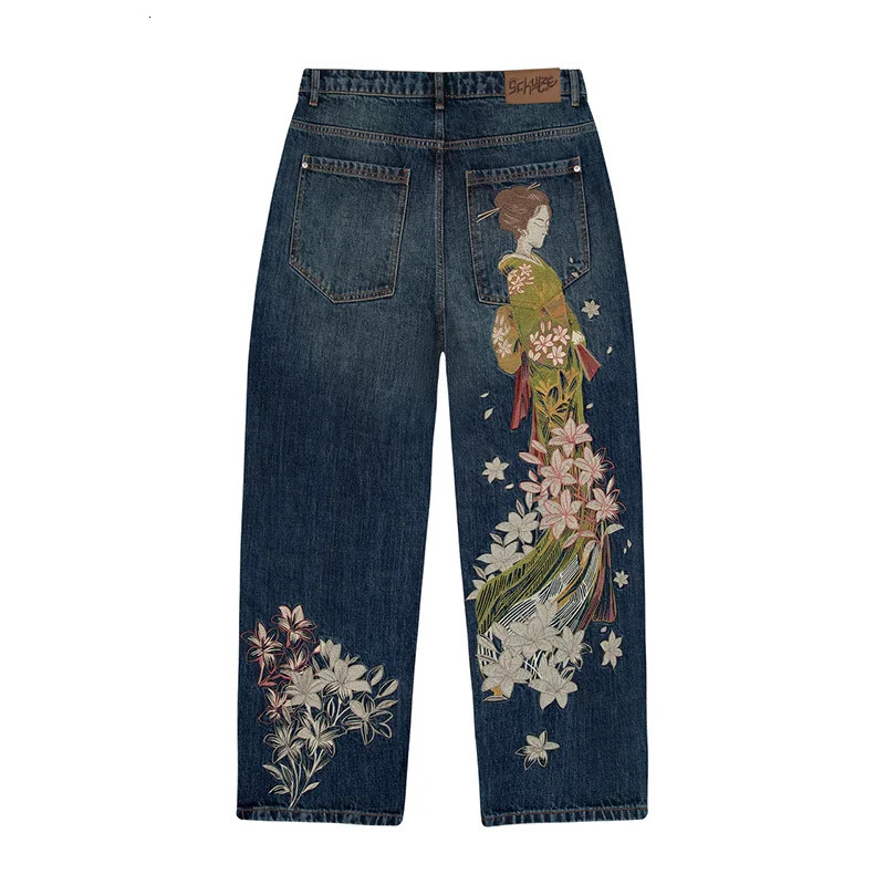 Japanese Kimono Girl Floral Embroidery Vintage Artistic High Waist Wide Leg Jeans Y2K Men Women Casual Fashion Streetwear 251213