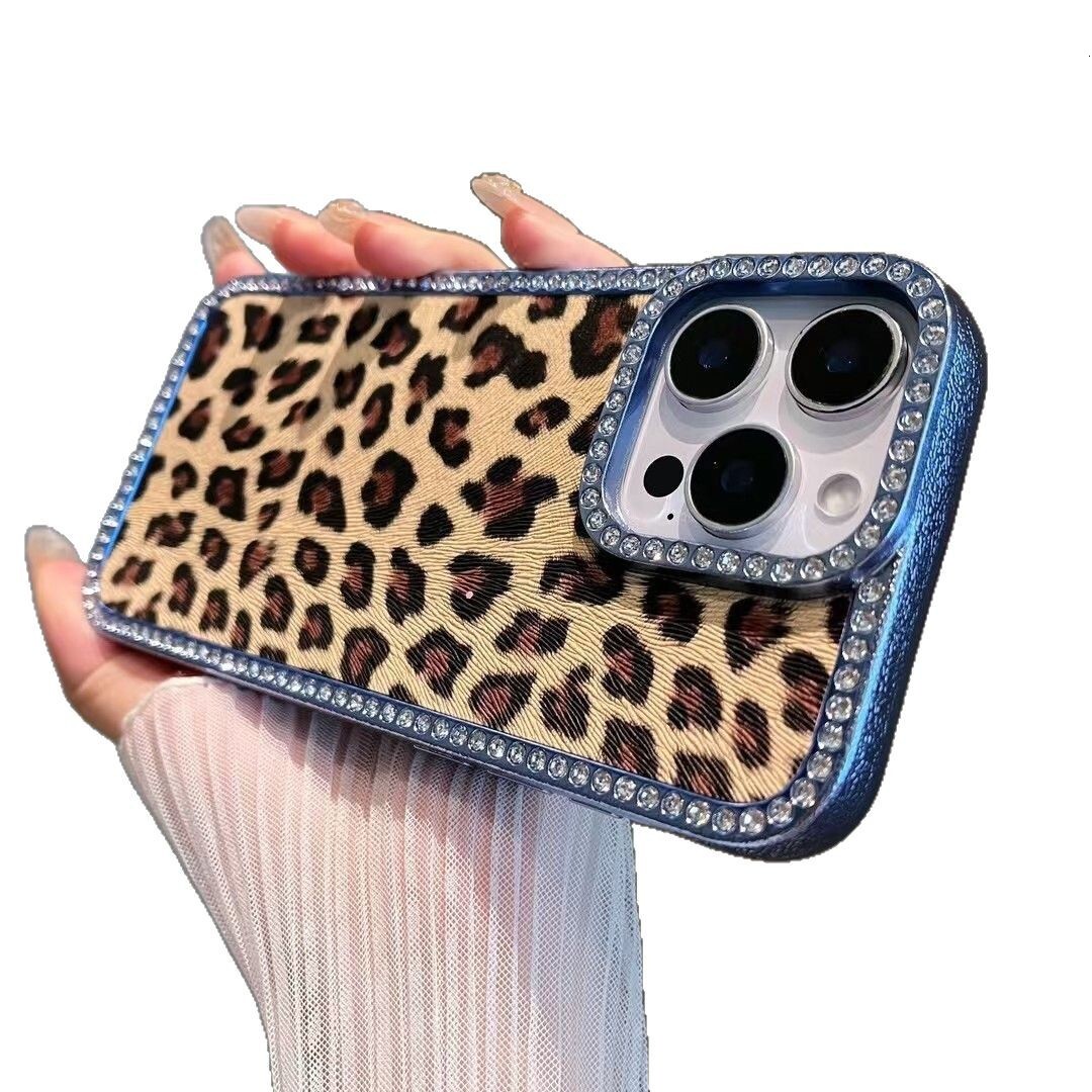 Diamond Plated Pink Brown Leopard Print iPhone 17 Apple 16 Pro Max Compatible 15 Phone Case 14 Shockproof Cover