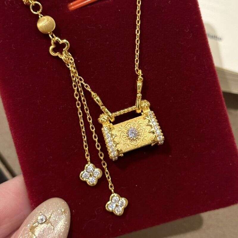 Brushed Four-Leaf Flower Lock Bag Necklace 2025 New Retro Full Diamond DIY Tassel Collarbone Chain For Women