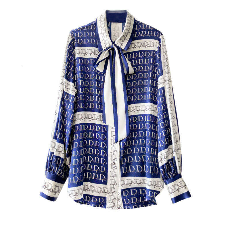 Spring Autumn Bowknot Women's Shirts Luxury Letter Allover Printed Long Sleeve Single Breasted Loose Fit Casual Ladies Blouses