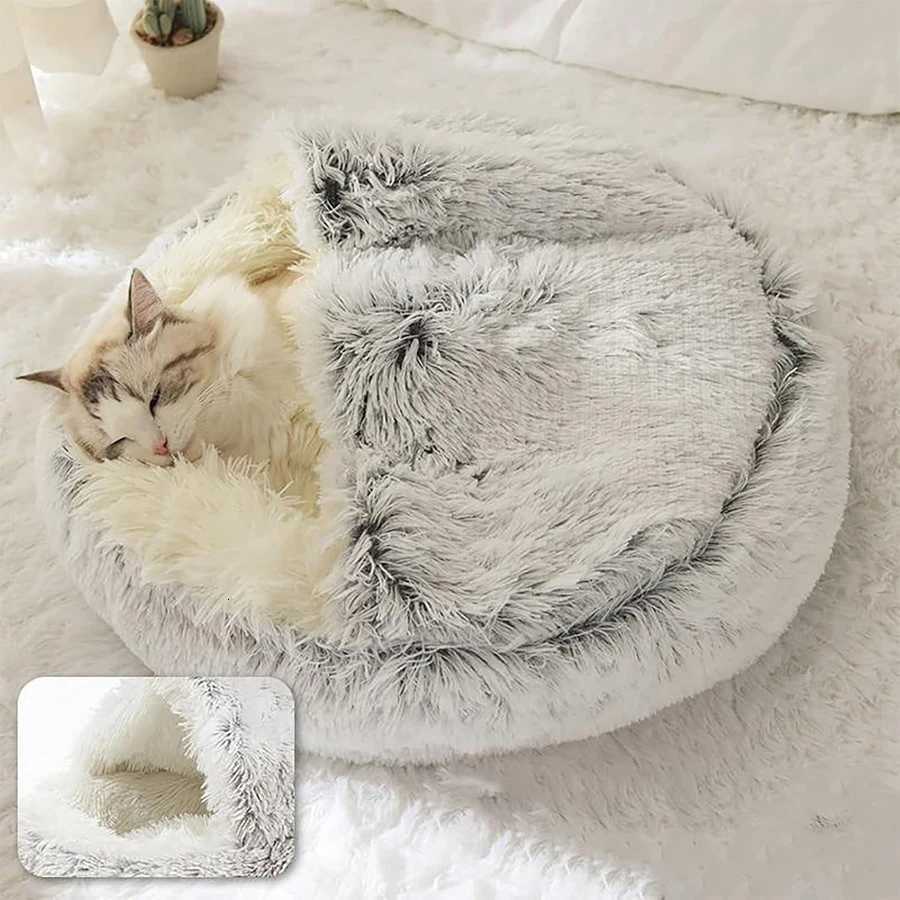 Cat Bed Round Plush Fluffy Hooded Cat Bed Cave Cozy for Indoor Cats or Small Dog beds Soothing Pet Beds Doughnut M251217