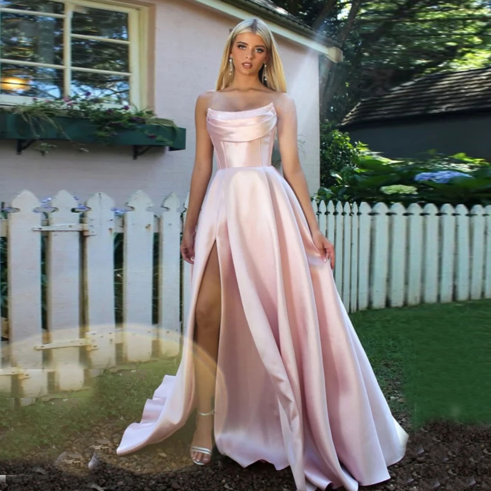 Elegant Strapless Prom Dress Robe De Cocktail Femme Satin Evening Gowns A-line Women Party Dresses With Pockets D17