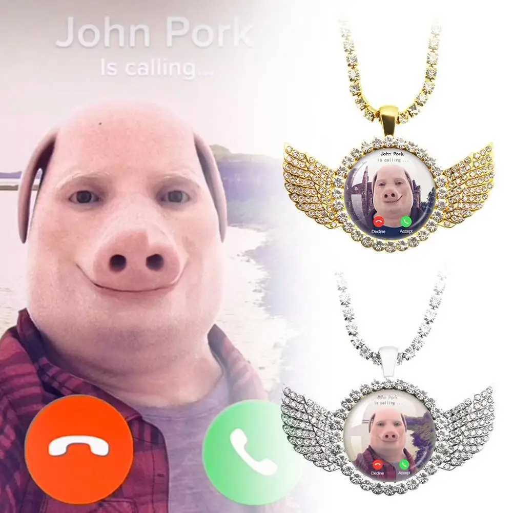 For John Pork Is Calling Answer Call Phone Humor Funny Pig Lover Graphic The Moon Necklace Angel Wings Pendant Necklace Gift G251217