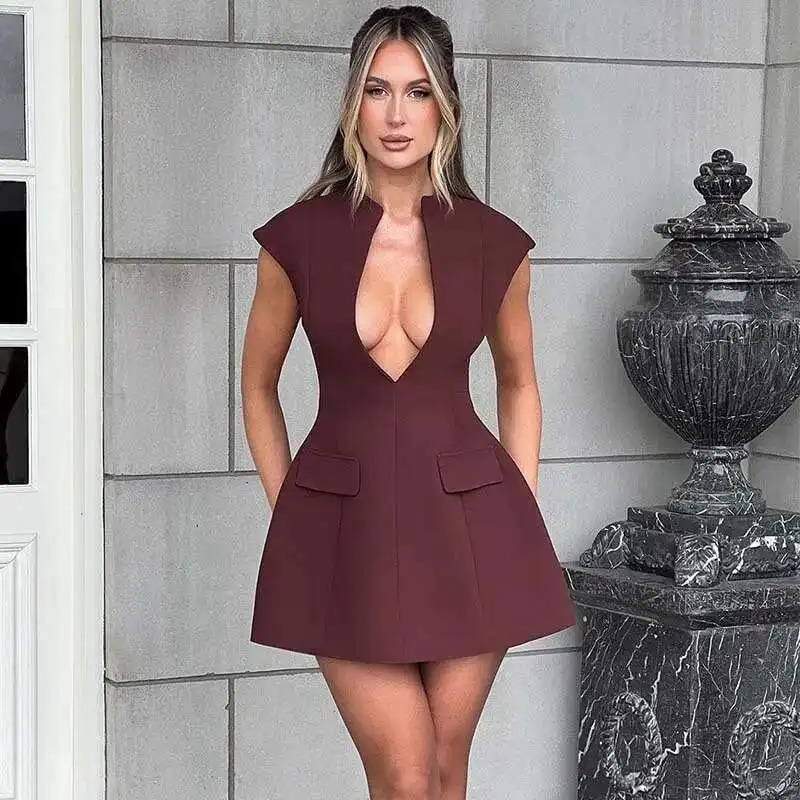 Townlike Pocket Elegant A-line Dress Women Mini Spring Summer Dress Deep V Neck Nightclub Sexy Party Dresses Vestidos 251213