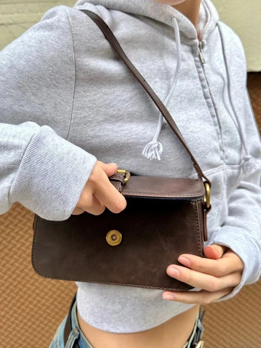Brown Buckle PU Shoulder Bags Women Four Season American Vintage Streetwear Fashion Preppy Style Sweet Handbags Y2k 251215