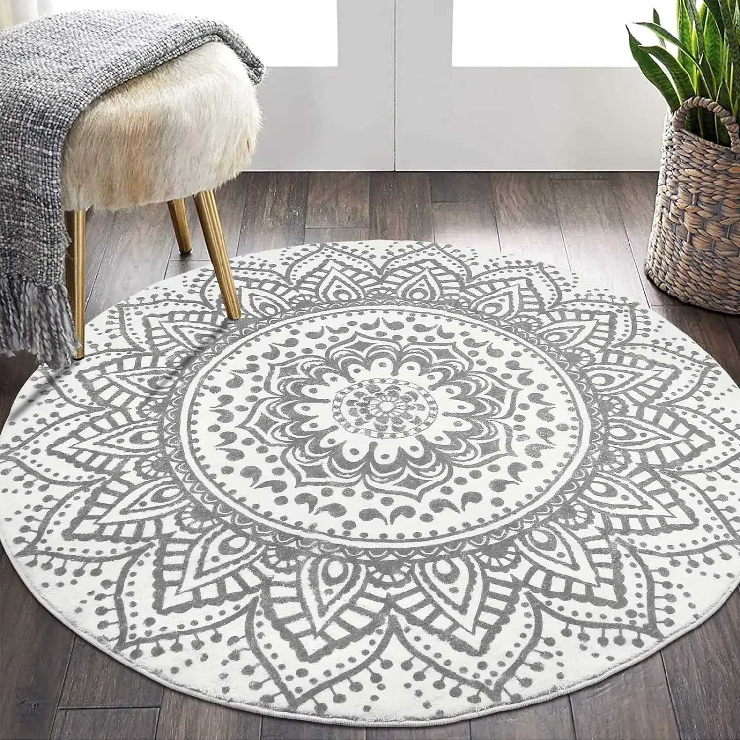 Grey Bohen Mandala Flower Round Carpets Washable Non Slip Indoor Floormat Living Ro Sofa Bedro Chair Mats He Decor Rugs Y251216
