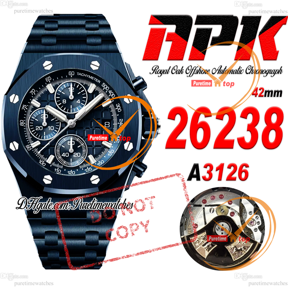 26238 A3126 Automatic Chronograph Mens Watch APKF 42mm DLC Steel Case All Blue Dial Stainless Steel Bracelet Puretimewatches CHS Reloj Hombre