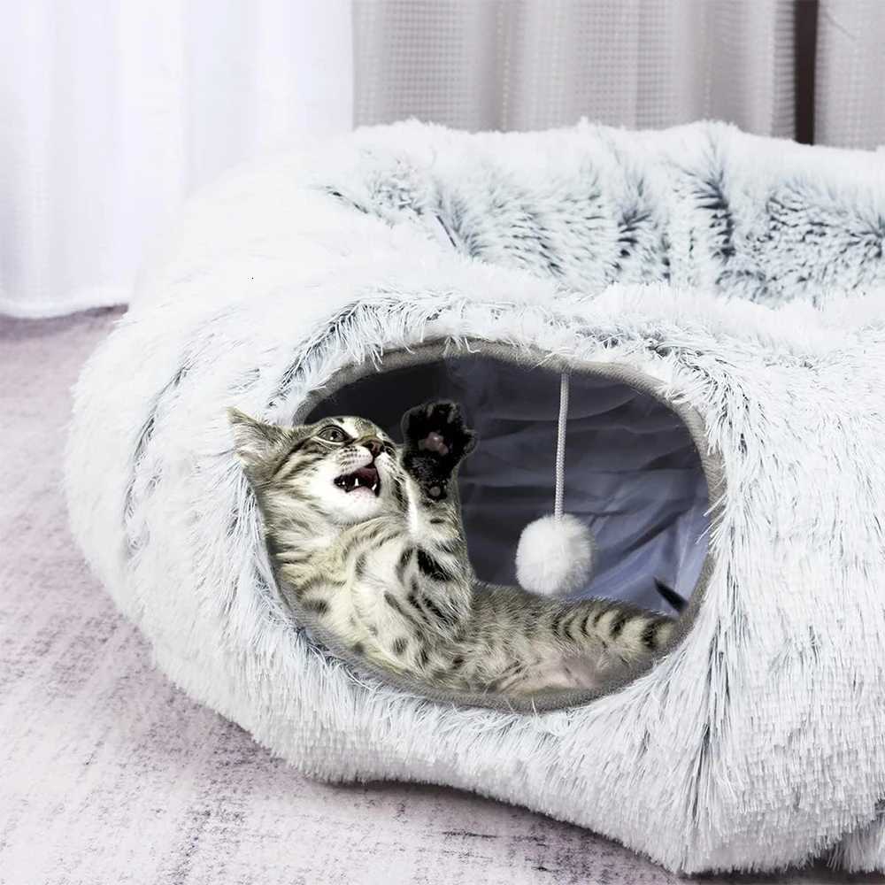 Winter New Arrival Plush Cat Tunnel Bed Foldable Two-in-One round Warmth Pet Nest Thickened Cozy Cuddly Cat Hideaway M251217