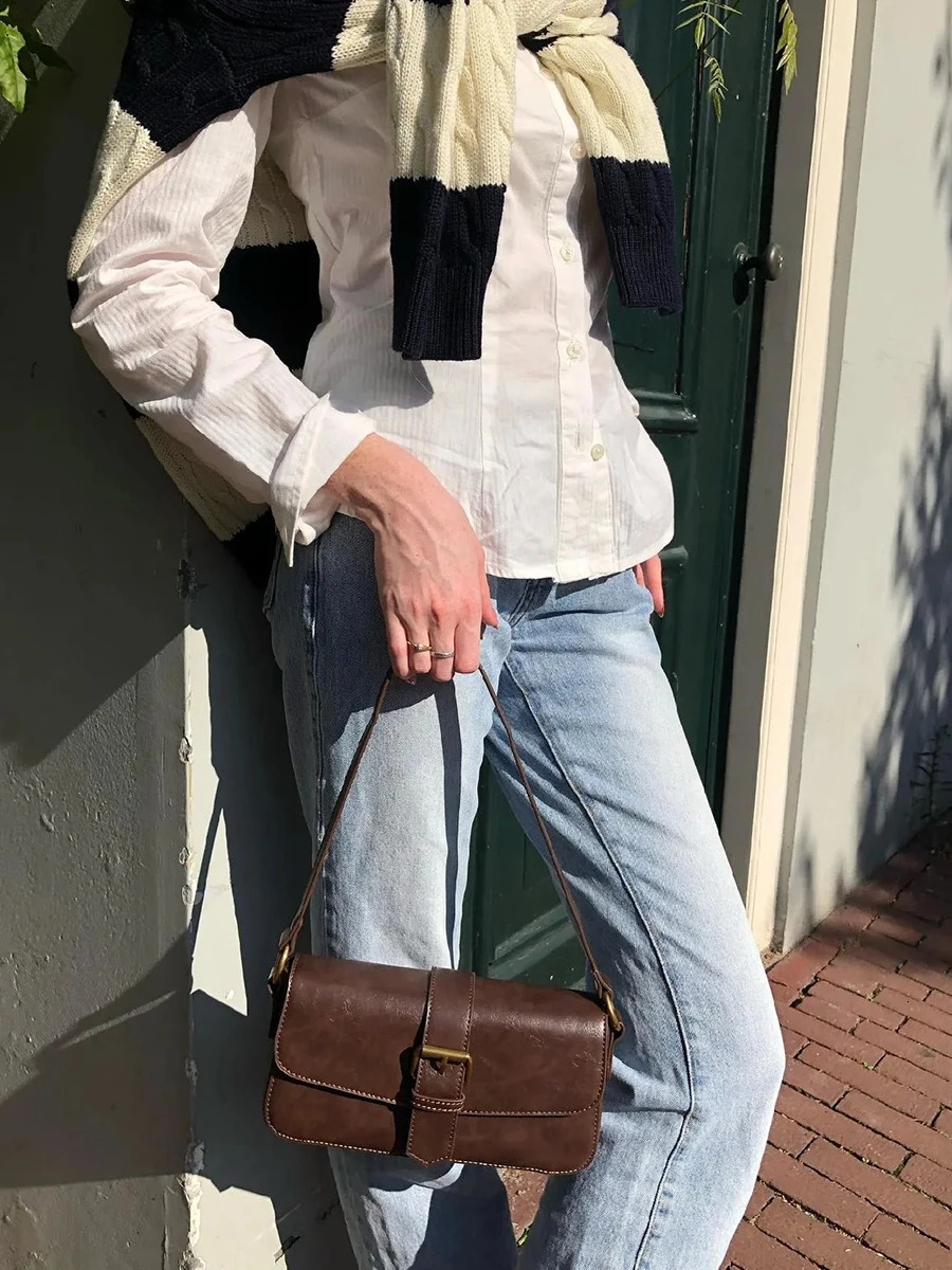 Brown Buckle PU Shoulder Bags Women Four Season American Vintage Streetwear Fashion Preppy Style Sweet Handbags Y2k 251215