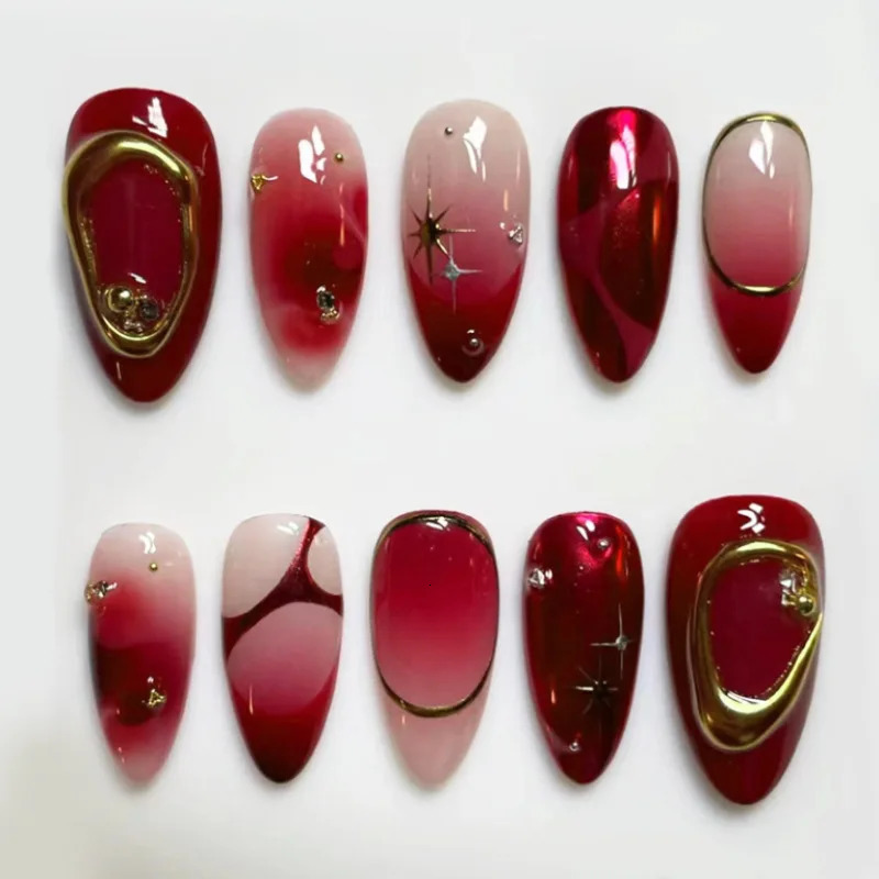 24pcs Red Almond False Nails Art Pearl Cherry Stick on Nail Tip Datachable French Leopard Print Short Press on Nails 251215