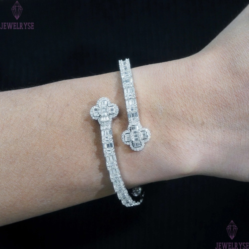 Pass Diamond Tester 14K Gold 925 Sterling Silver Baguette VVS Moissanite Iced Out Clover Cuff Bangle Bracelet for Men Women