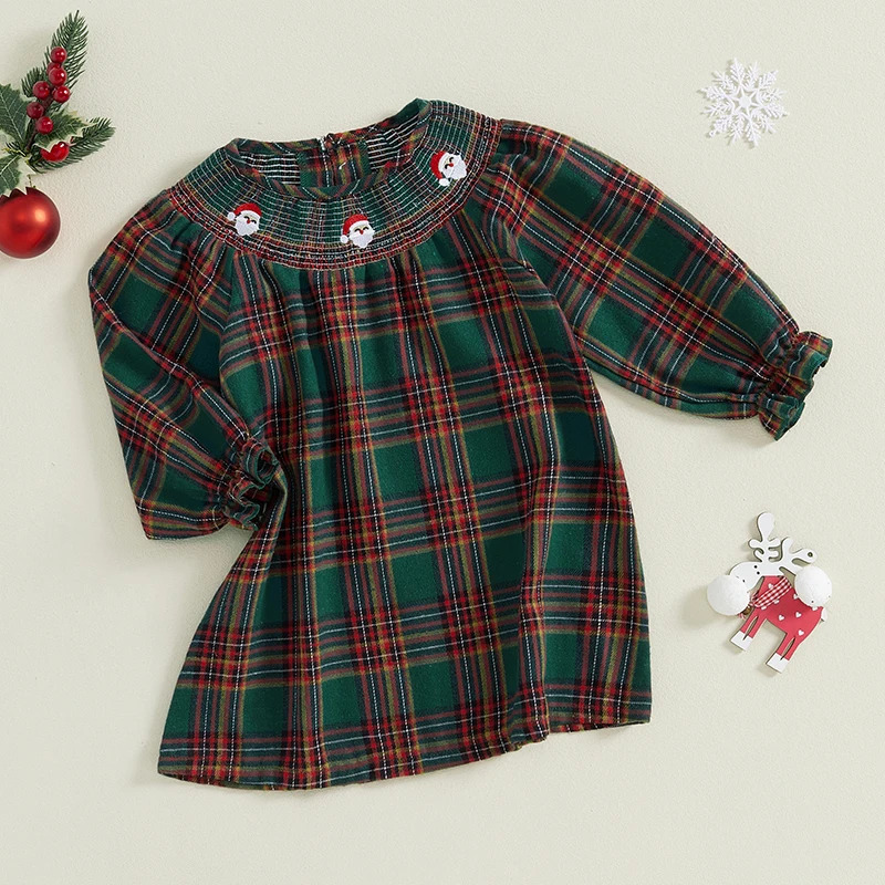 Toddler Baby Girl Christmas Outfit Long Sleeve Ruffle Santa Claus Embroidery Dress Smocked Princess Dress Playwear 251212