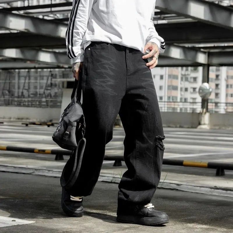 European and American Streetwear High Street Washed Gradient Hole Loose Straightleg Jeans Fashionable Mens Trousers 251205