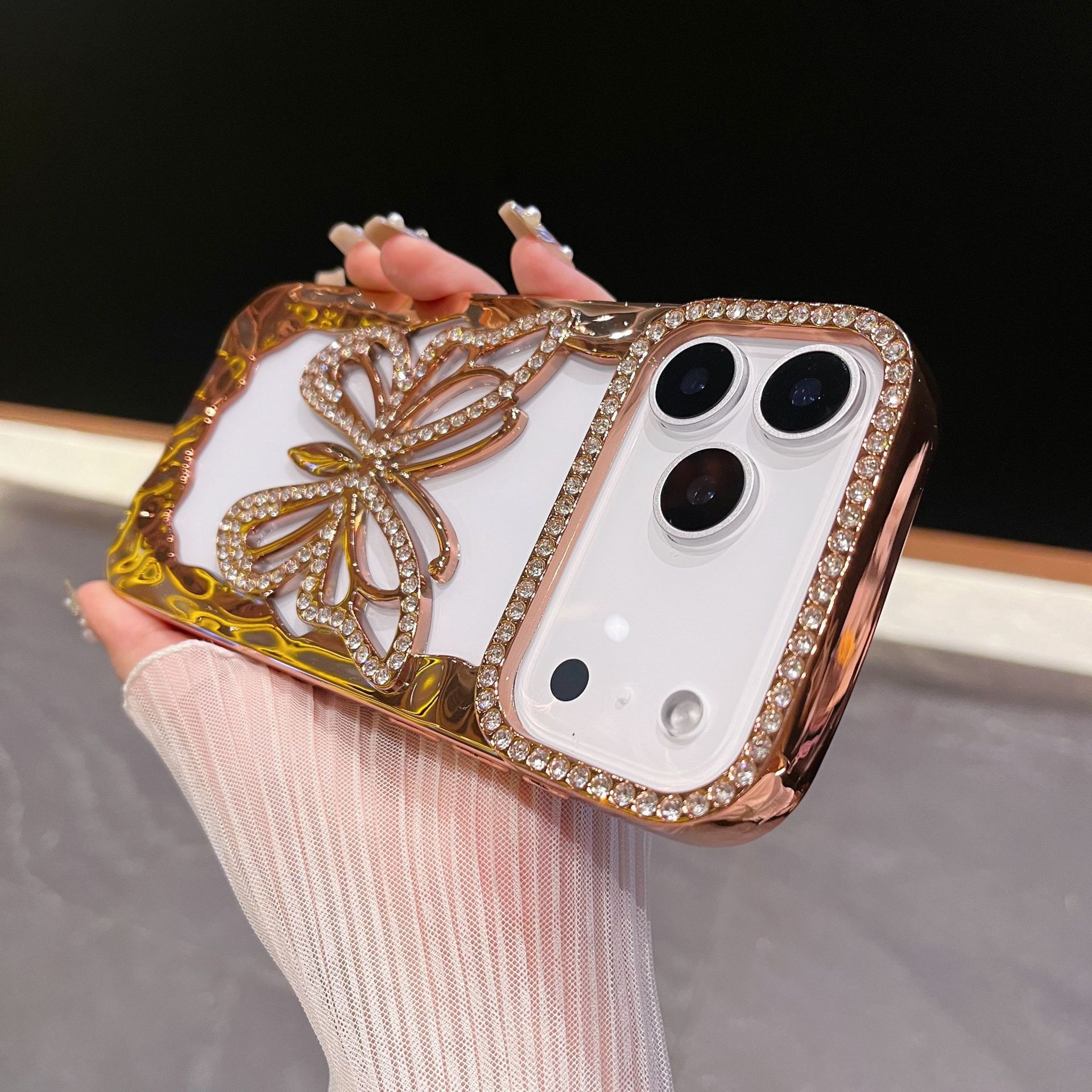 New Electroplated Hollow Butterfly Case iPhone 17 Pro Max, Apple 16, 15 Glitter Rhinestone 14 for Women