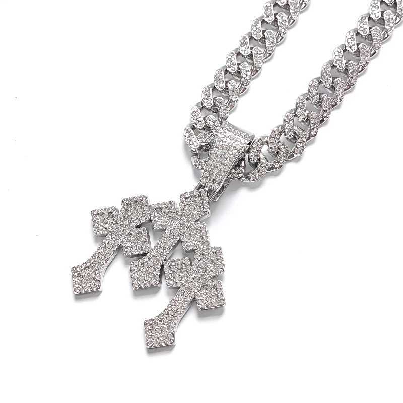 New Iced Out Stacked Crosses Pendant Necklaces for Men With 13mm Cuban Chain Hip Hop Cross Rhinestone Jewelry pendant Gift G251217