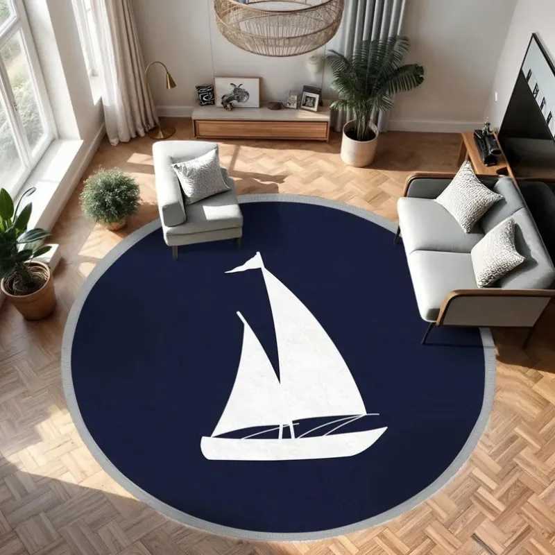 Sailboat Shadow Round Carpet Nautical White Sail Circle Mat Modern Decor Anti Slip Rug for Living Ro Bedro Hallway Doormat Y251216