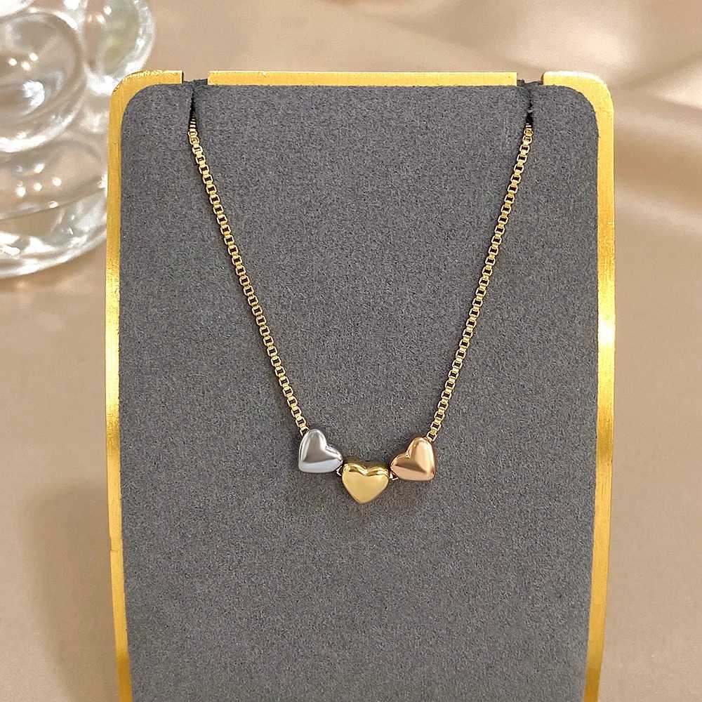 Cute Triple Color Heart Beads Necklace for Women Girls Fashion Gold Plated Stainless Steel Charm Necklaces Waterproof Jewelry G251217