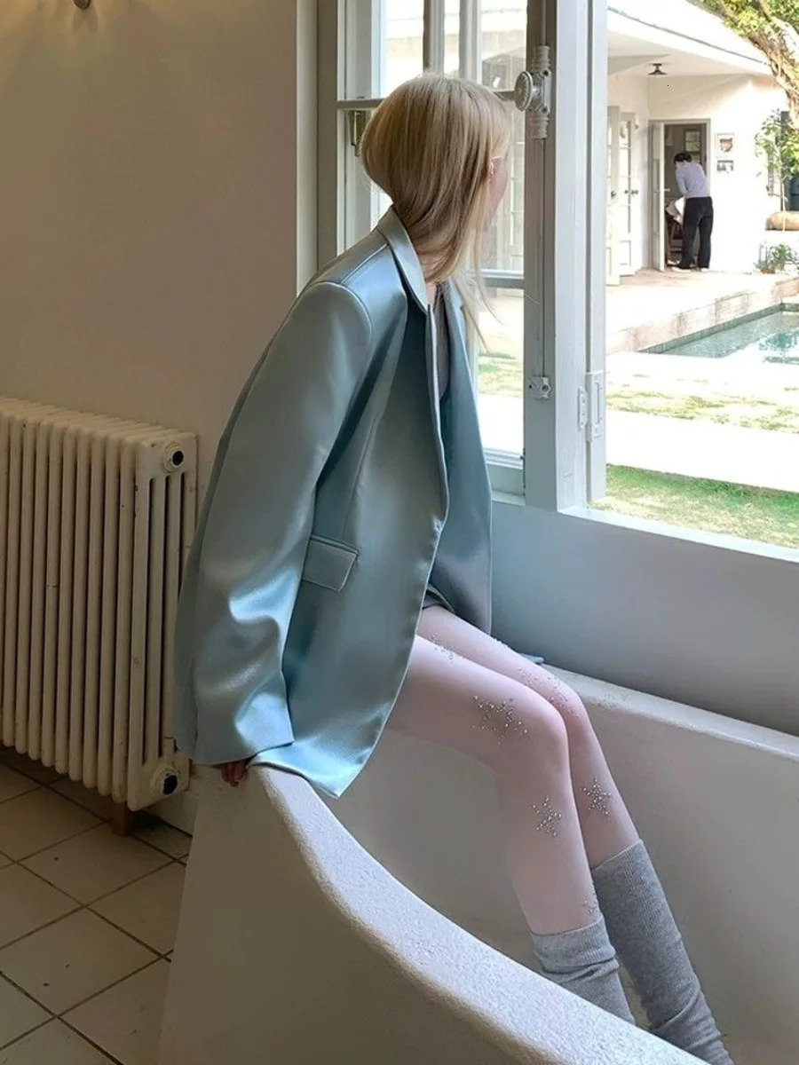 Pearl Green Faux Silk Blazers Jacket Acetic Acid Satin Coat Jacket Womens Spring Autumn Casual Premium Long Sleeve Suit 251212