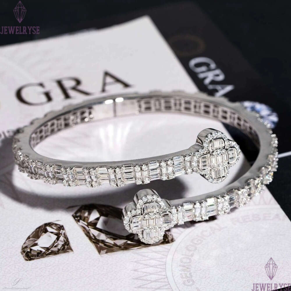Pass Diamond Tester 14K Gold 925 Sterling Silver Baguette VVS Moissanite Iced Out Clover Cuff Bangle Bracelet for Men Women