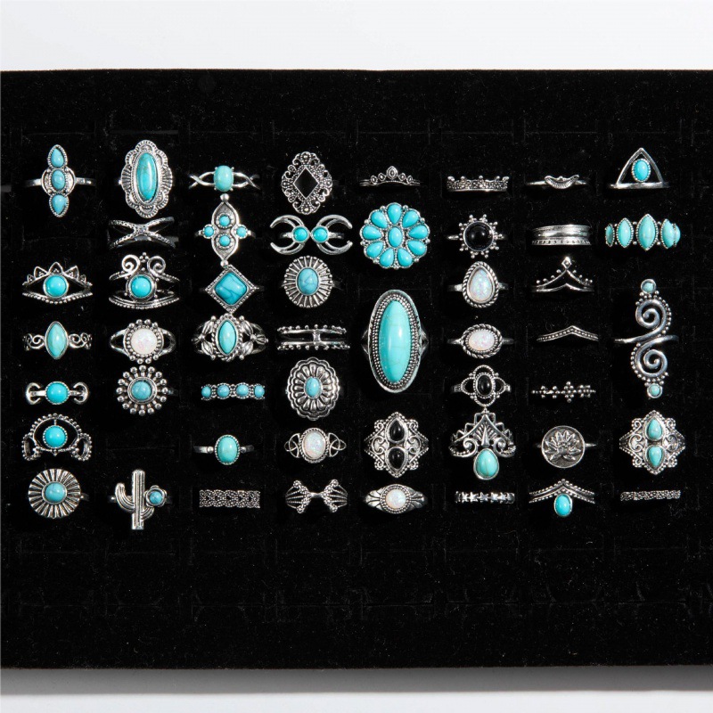 30pcs/Lot Factory Wholesale Ethnic Style Turquoise Stone Finger Rings For Women Tai Silver Plated Flower Cutout Snake Spider Animal Leaf Love Snake Je