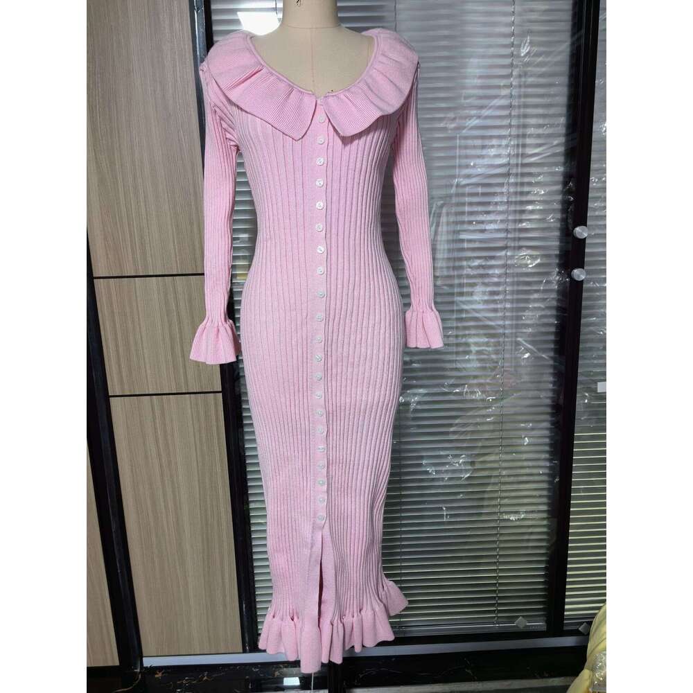 New French Pink Elegant For Women Sweet Style Ruffled Sleeve Slim Fit Single-Breasted Long Dress B5