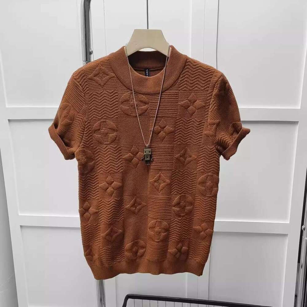 spring summer new jacquard round neck Light luxury knitted sweater t-shirt men's fashion simple jacquard half-sleeved sweater