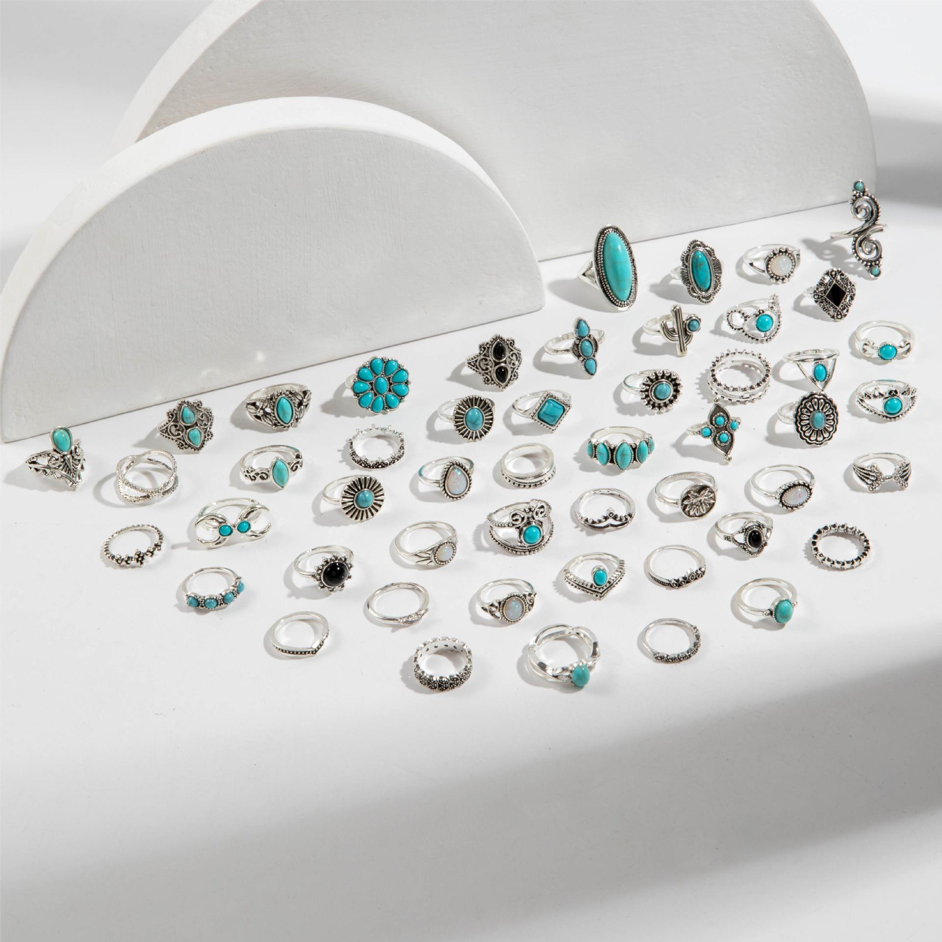 30pcs/Lot Factory Wholesale Ethnic Style Turquoise Stone Finger Rings For Women Tai Silver Plated Flower Cutout Snake Spider Animal Leaf Love Snake Je