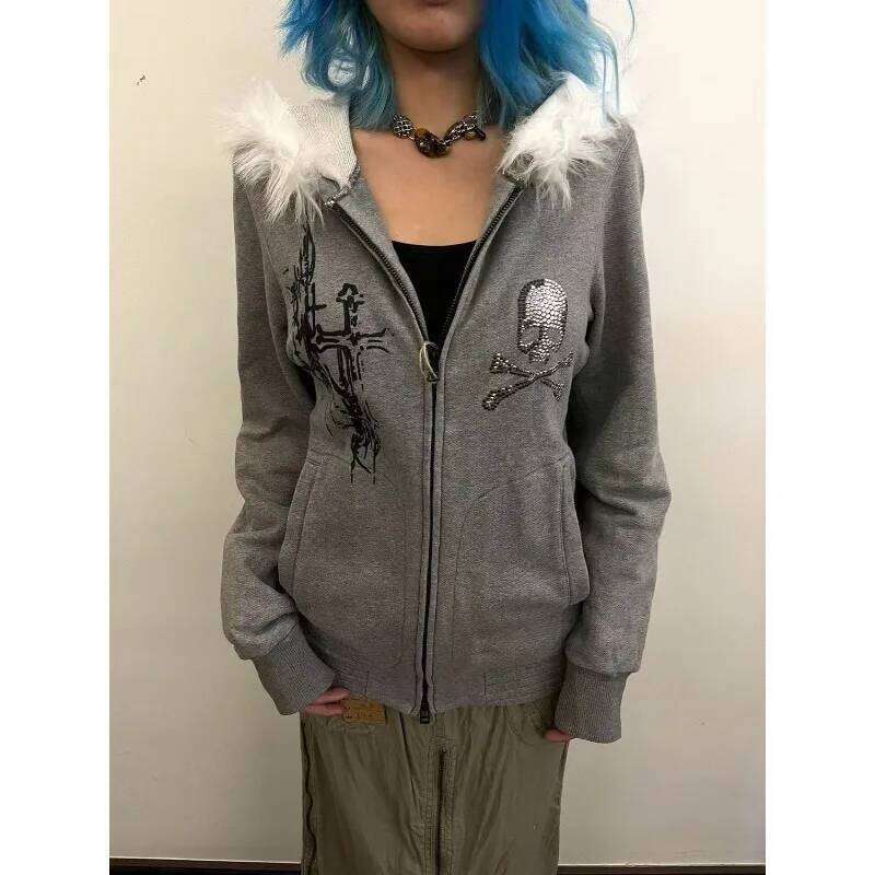 Gothic Dark Cross Print Skull Hot Diamond American Zip Up Hoodies For Y2k Winter Clothes Women Fur Collar Warm Sweatshirts
