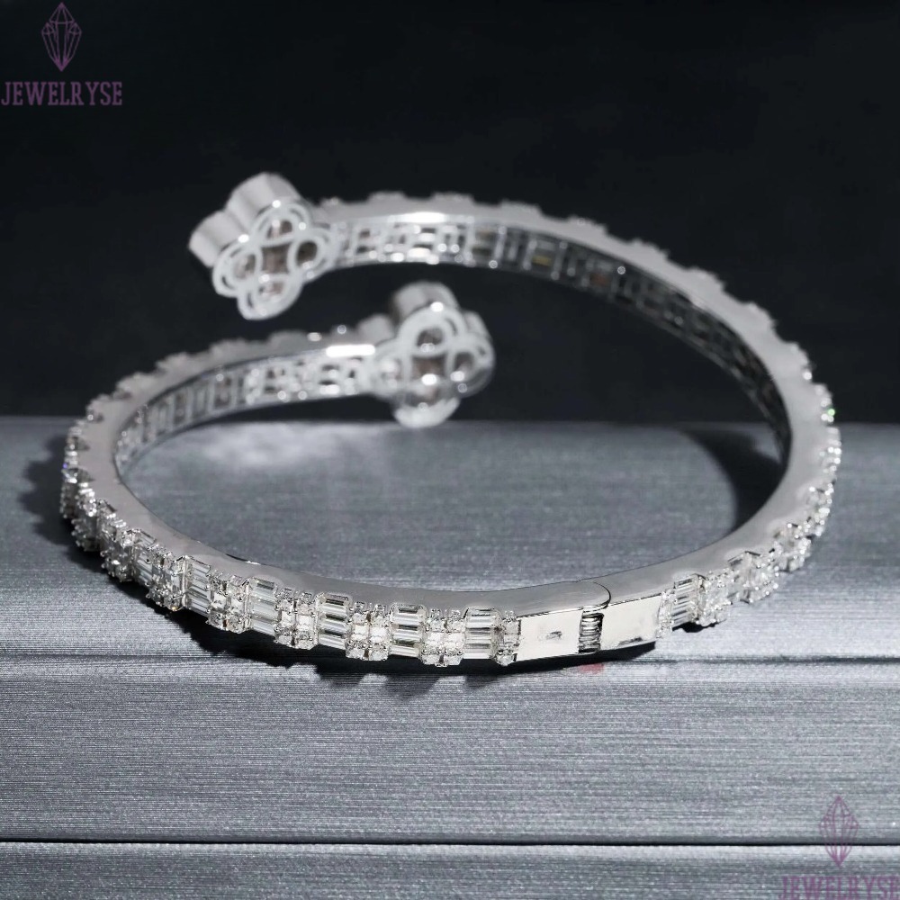 Pass Diamond Tester 14K Gold 925 Sterling Silver Baguette VVS Moissanite Iced Out Clover Cuff Bangle Bracelet for Men Women