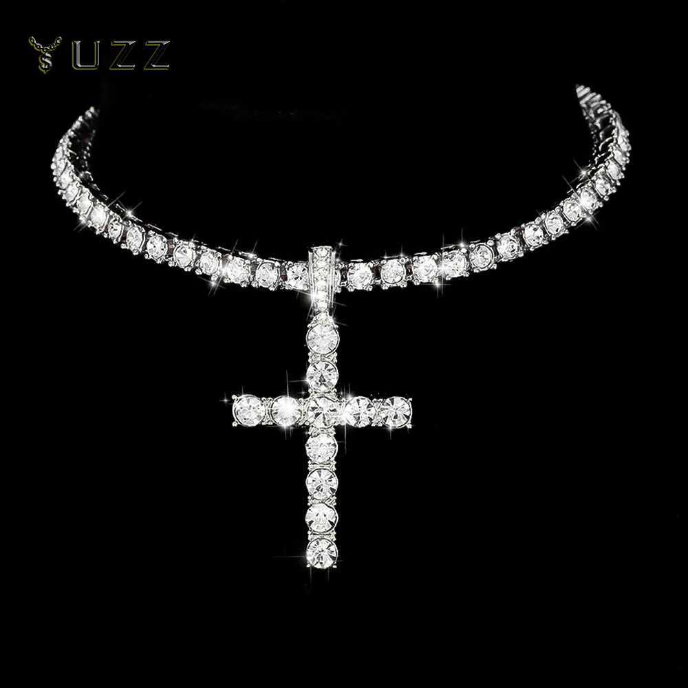 Hip Hop Iced Out Cross Pendant Necklace Strap 4mm Zircon Tennis Chain Men Women Sparkling Necklace Punk Jewelry Fashion Gift G251217