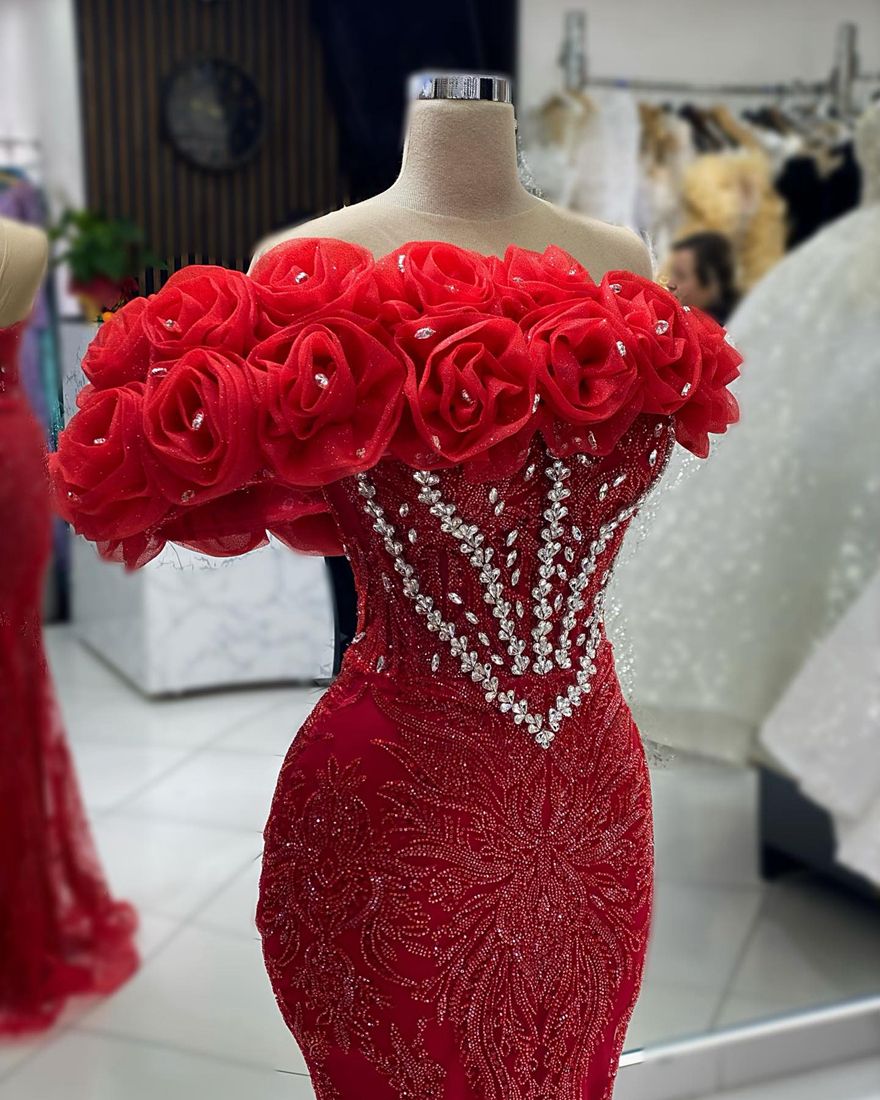 D17 Red Prom Dresses for Black Women Sheer Neck Illusion Beaded Lace with Rhinestones - Birthday Party, Second Reception, Engagement Gown