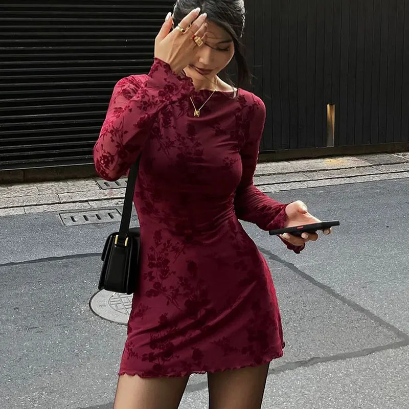 Sexy Wine Red Dresses Women Autumn ONeck Streetwear Fashion Print Long Sleeves Lady Knitted Pullover Clothing Dress 251219