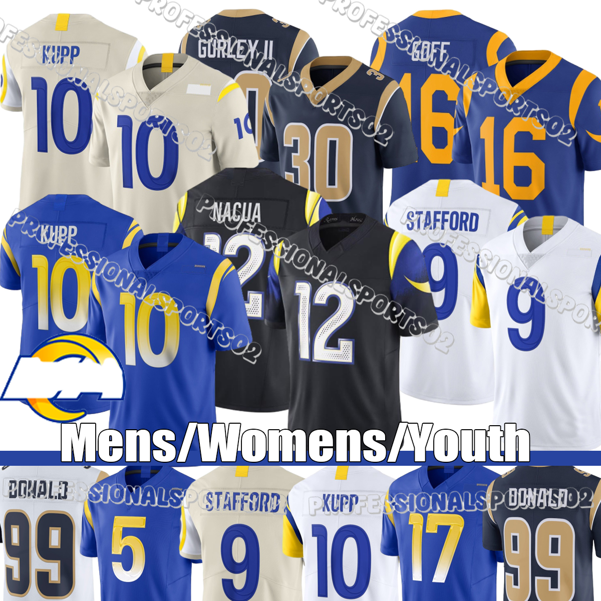 Los Angelescity Ramss Jersey #9 Stafford #12 Nacua #99 Donald #8 Verse #17 Adams #23 Williams Matthew Stafford Puka Nacua Aaron Donald Jared Verse Davante Adams