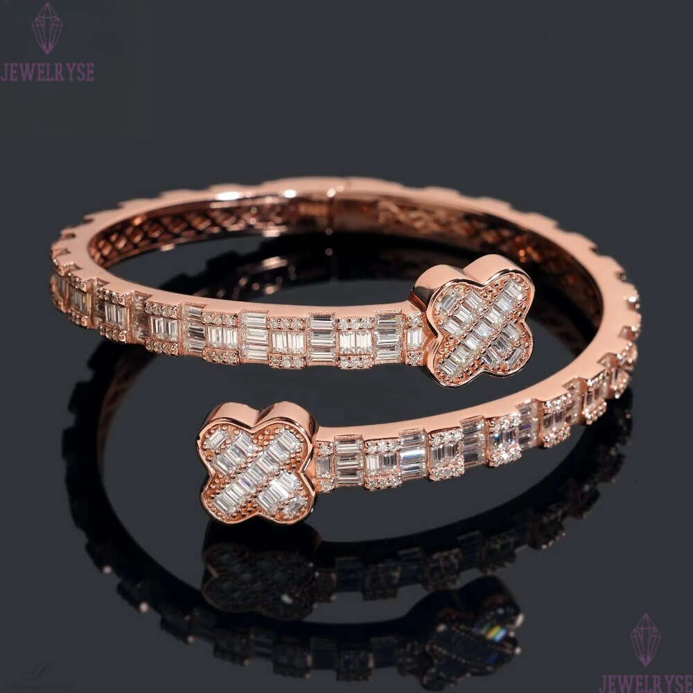 Men's Hip Hop Iced Out Bracelet - Sterling Silver Good Luck Clover Bangle with Moissanite