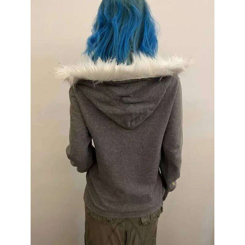 Gothic Dark Cross Print Skull Hot Diamond American Zip Up Hoodies For Y2k Winter Clothes Women Fur Collar Warm Sweatshirts