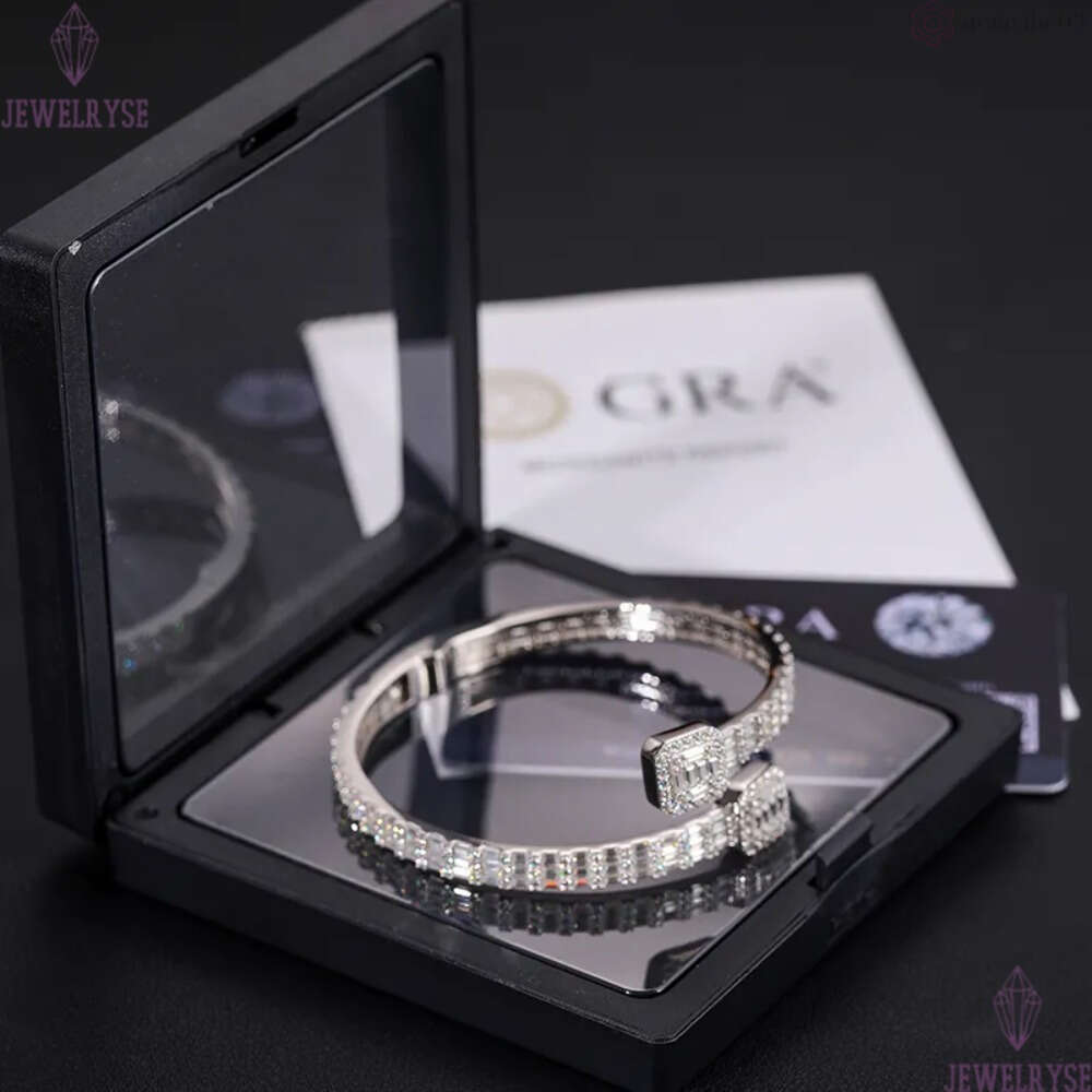 Pass Dia Tester 1615ct 55mm Sterg Sier Baguette VVS Moissanite Iced Out Cuff Bangle Bracelet For Men Women