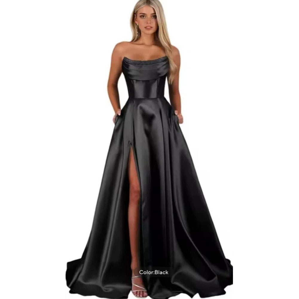 Elegant Strapless Prom Dress Robe De Cocktail Femme Satin Evening Gowns A-line Women Party Dresses With Pockets D17