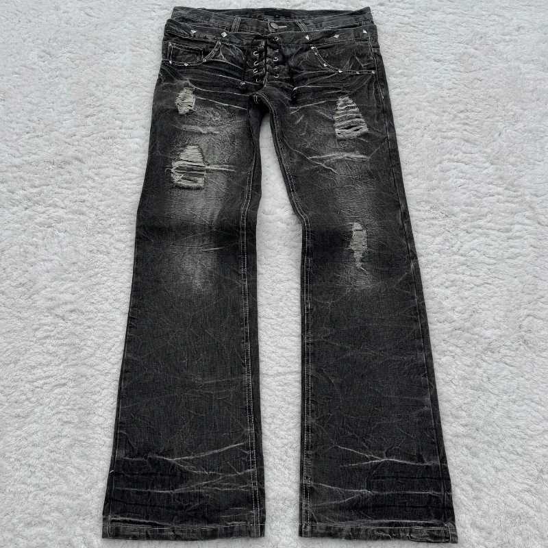 Hot-selling Gothic retro distressed washed vintage distressed hole double-waistline denim long pants - Instagram-worthy Z251217