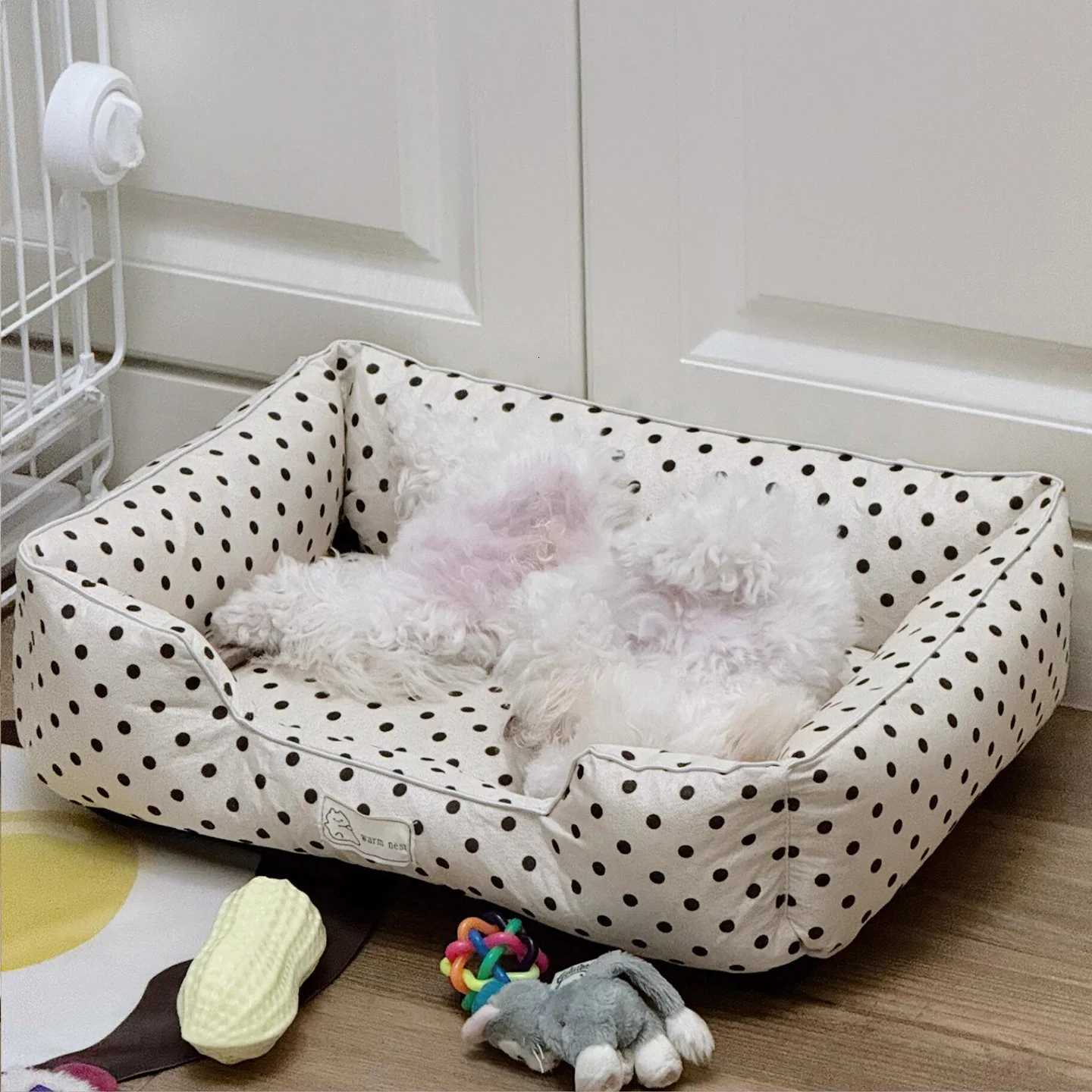 Removable Washable Pet Bed - Polka Dot All Season Mat for Small Medium Dogs Cats Plush Cushion for Dachshund Puppy M251217