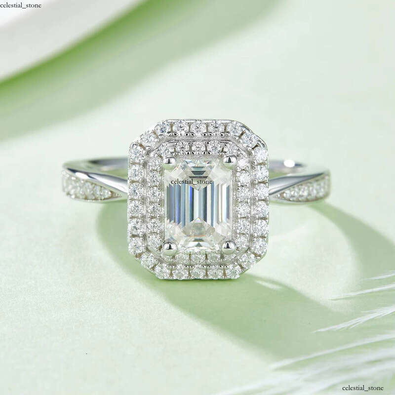 M93 Long-lasting Water Drop Transport 925 Sterling Silver Emerald Cut Diaspore VVS Moissanite Custom Double Halo Engagement Ring
