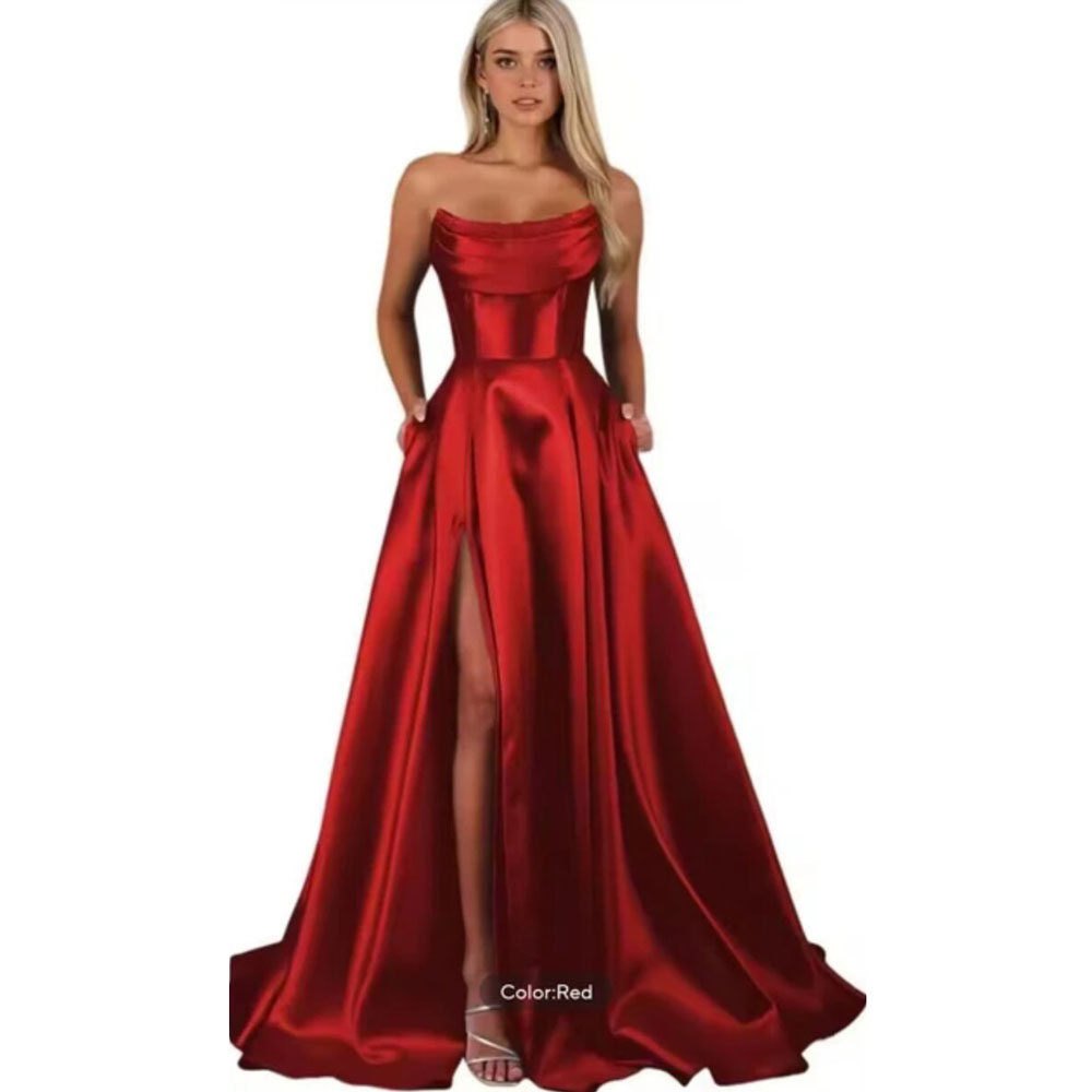 Elegant Strapless Prom Dress Robe De Cocktail Femme Satin Evening Gowns A-line Women Party Dresses With Pockets D17