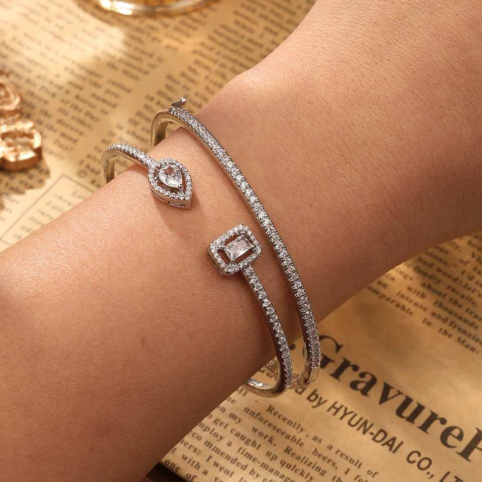 ZAKOL Classic Geometric AAA Cubic Zirconia Open for Women Shiny Crystal Engagement Wedding Party 2 Pcs Bangle Set M251217