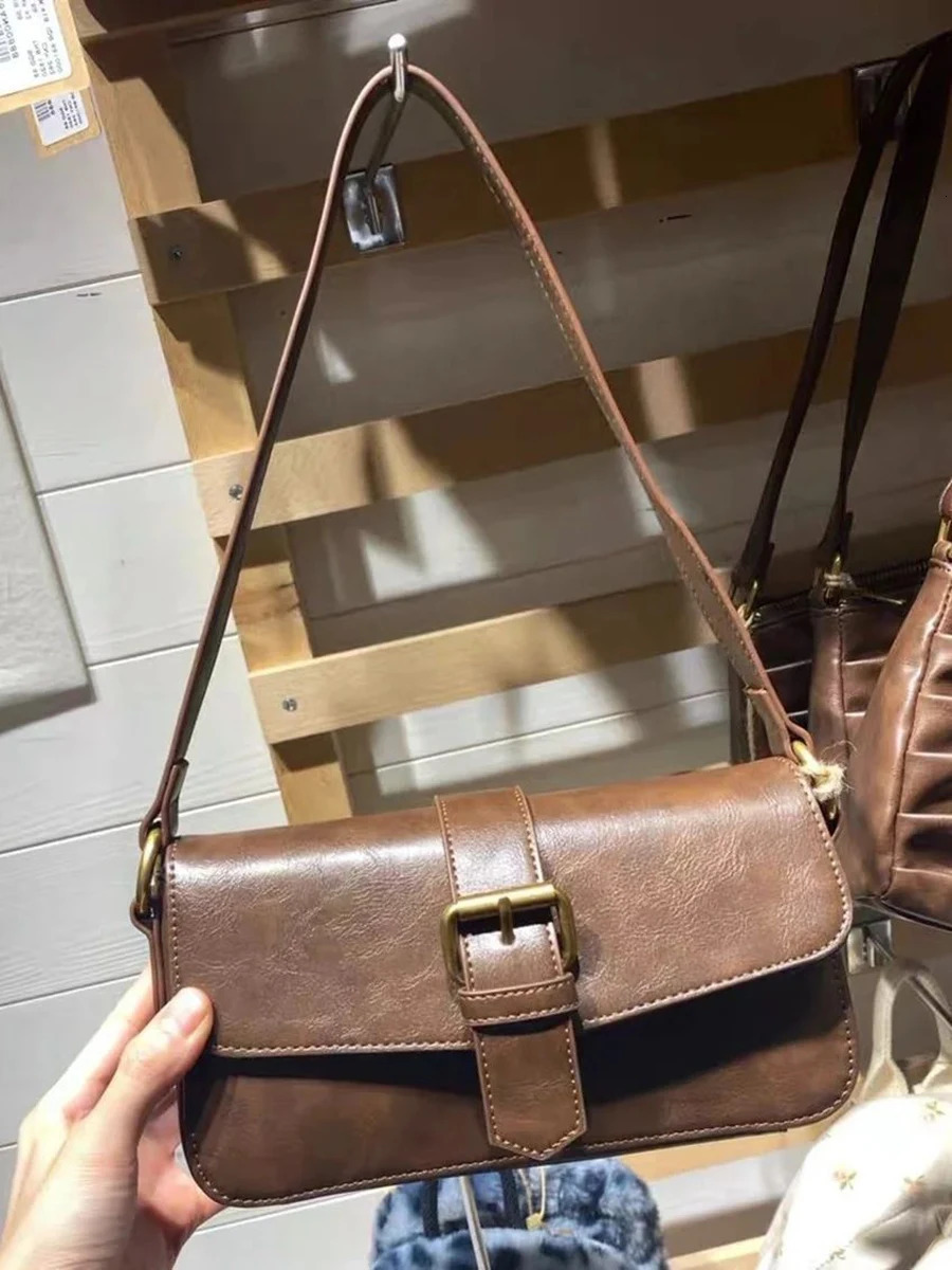 Brown Buckle PU Shoulder Bags Women Four Season American Vintage Streetwear Fashion Preppy Style Sweet Handbags Y2k 251215