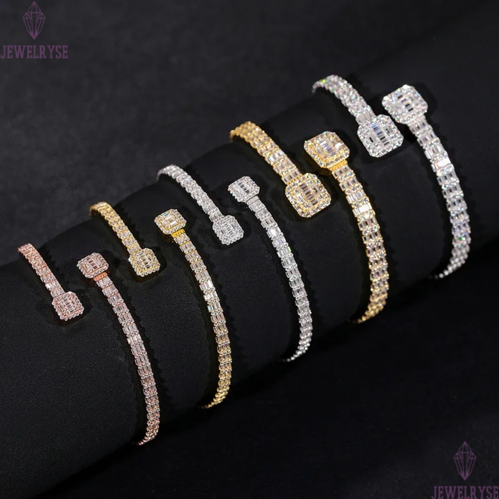 Pass Dia Tester 1615ct 55mm Sterg Sier Baguette VVS Moissanite Iced Out Cuff Bangle Bracelet For Men Women