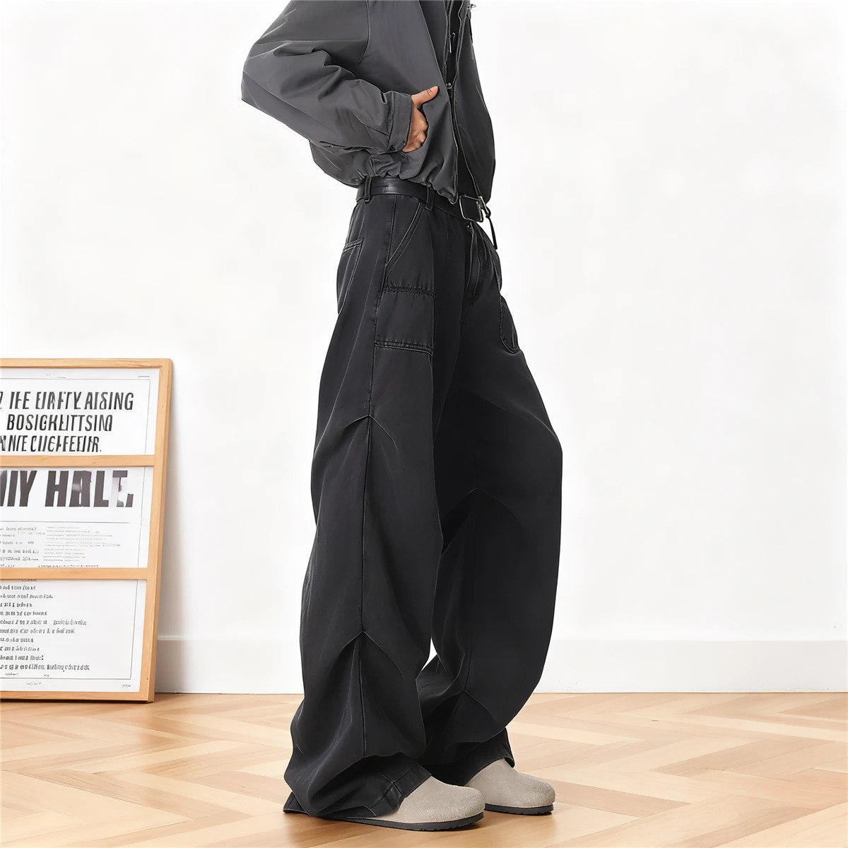 Folded Hem Wide Leg Jeans Mens Casual Washed Pants Deep Color Pocket Workwear Spring Autumn Thickened Cotton Denim Trousers 251205